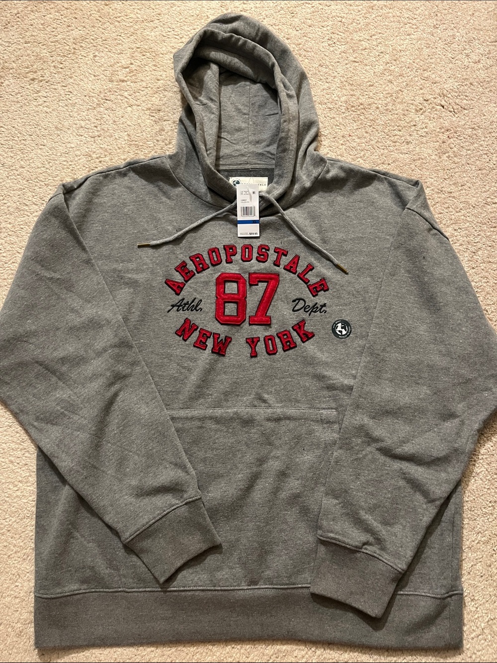 Aeropostale Unisex Gray Hoodie with Red '87 New York Applique